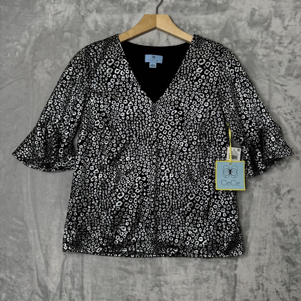CeCe Blouse Womens Small Black Silver Metallic Ruffle Sleeve V Neck Party Top